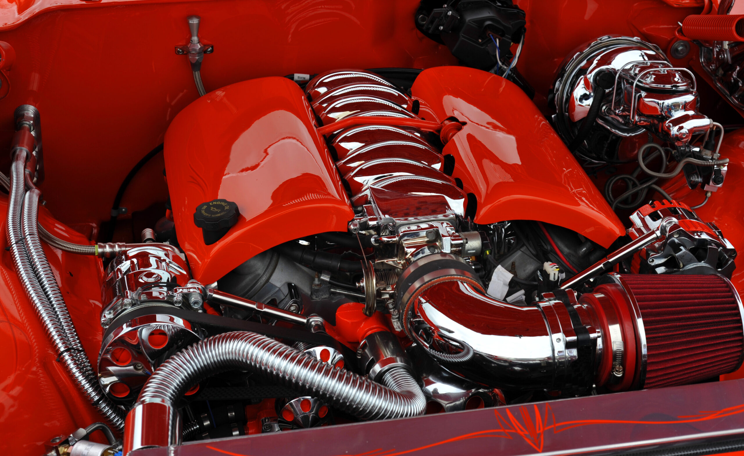 hotrod car engine red and chrome